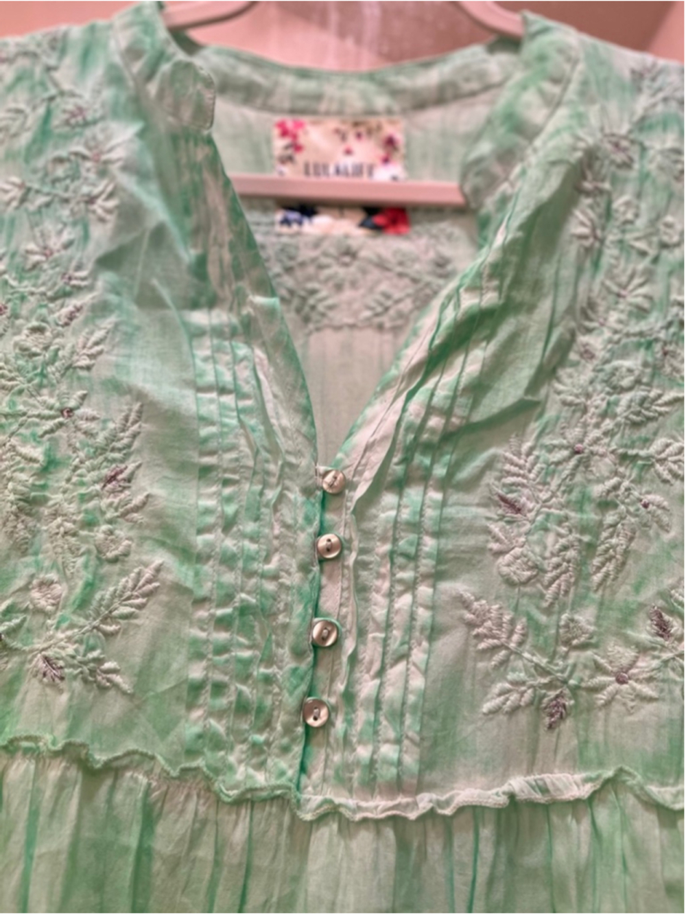 EUC Women's LULALIFE Green & White Embroidered Tiered Mini Dress M - Picture 5 of 8